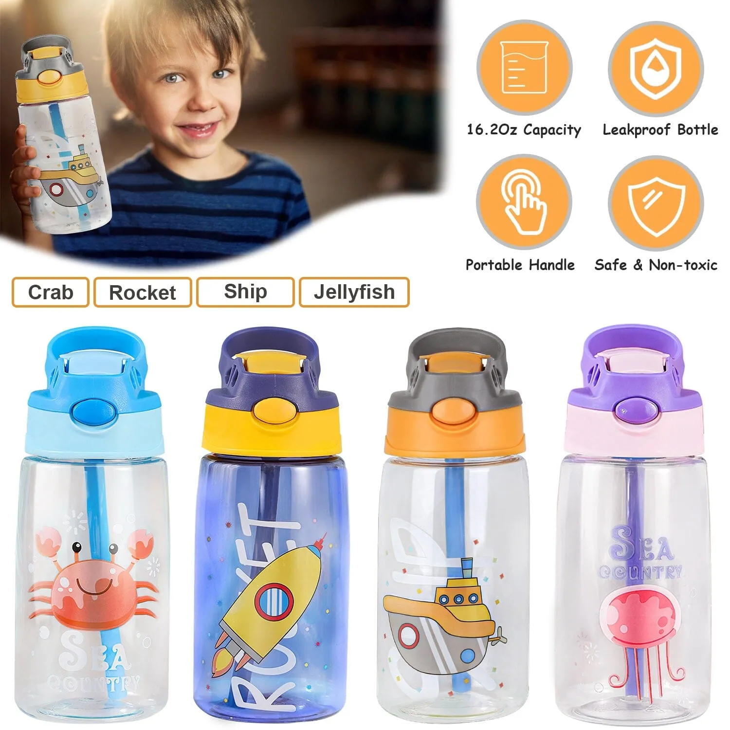 16.2oz Leak-proof Kids Water Bottle with Straw Push Button