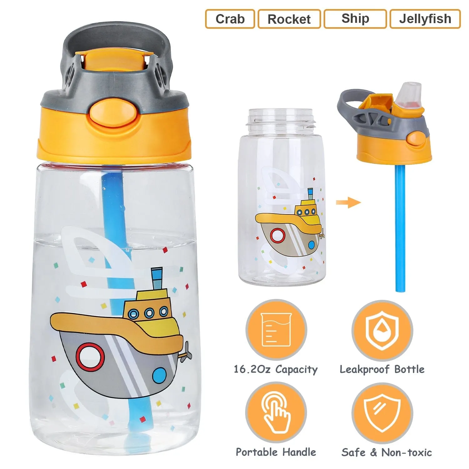 16.2oz Leak-proof Kids Water Bottle with Straw Push Button