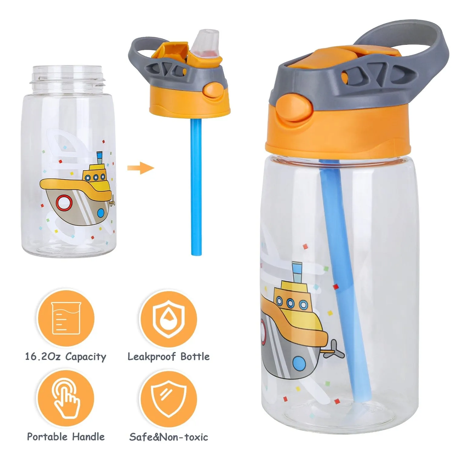 16.2oz Leak-proof Kids Water Bottle with Straw Push Button