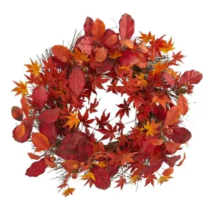 22"  Japanese Maple, Magnolia Leaf and Berries Artificial Wreath