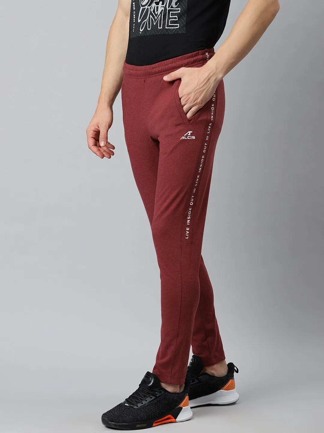 Alcis Men Maroon Solid Slim Fit Mid-Rise Track Pants