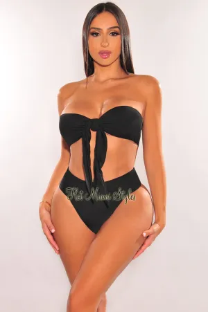 Black Padded Bandeau Tie Up High Rise Bikini Top