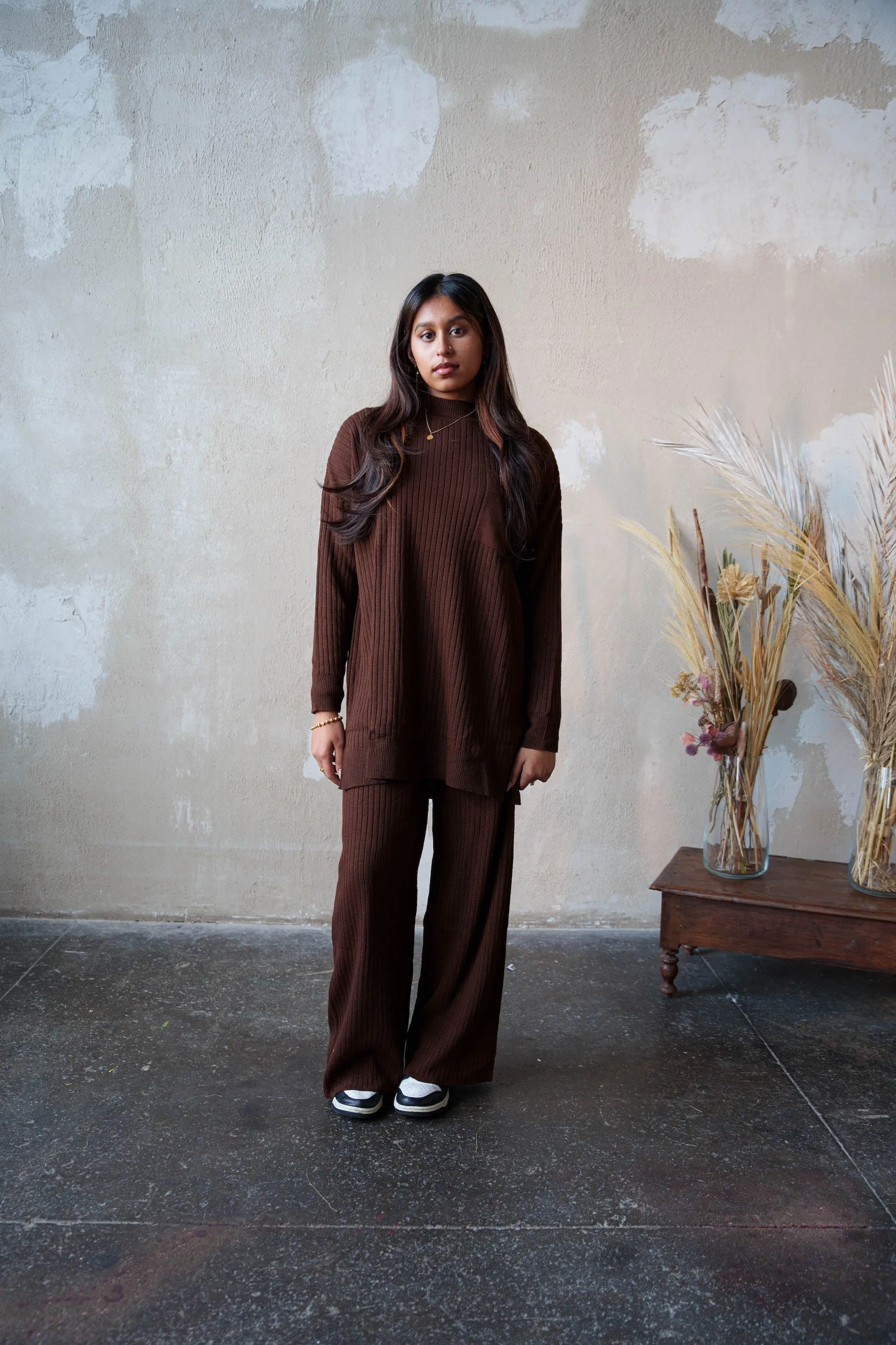 Brown Ribbed Pocket Tunic and Pants Set