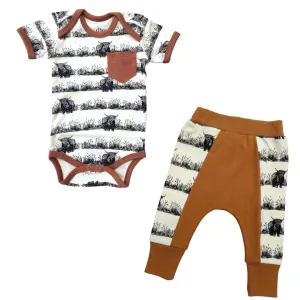 Cat & Dogma - Highland Cow Two-piece Baby Bodysuit (SS) & Pants Set