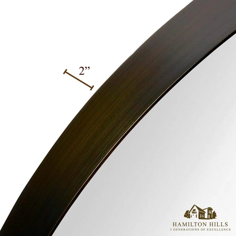 Contemporary Brushed Metal Bronze Wall Mirror | Glass Panel Bronze Framed Rounded Circle