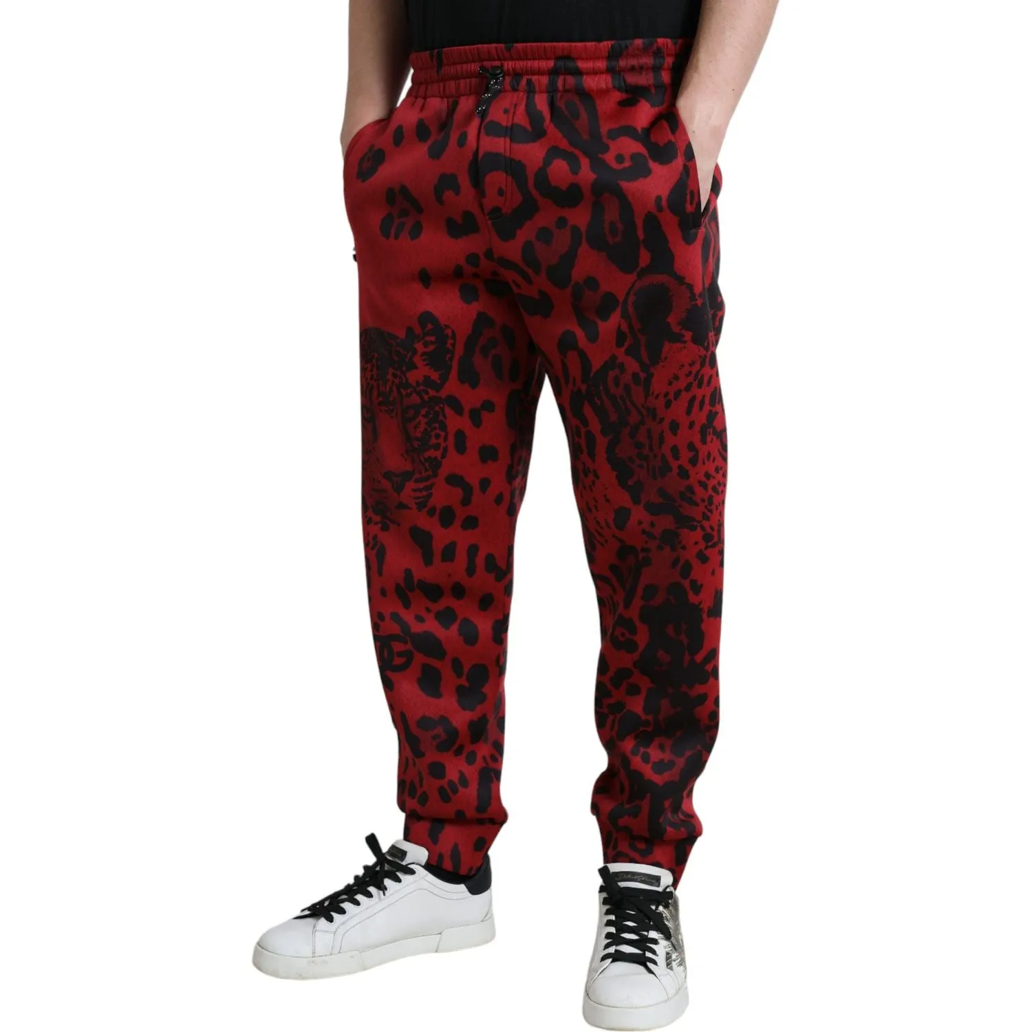 Dolce & Gabbana Elegant Leopard Print Joggers in Red and Black