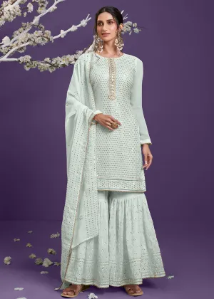 Firozi Blue Khatli Work Embroidered Georgette Sharara Suit