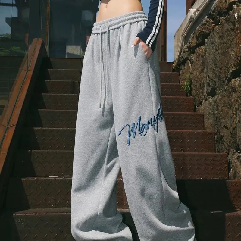 Girlary New American Gray Hip Hop Jazz Pants Men Women Fashion Letters Embroidery Loose Wide Leg Leisure Sports Drawstring Sweatpants