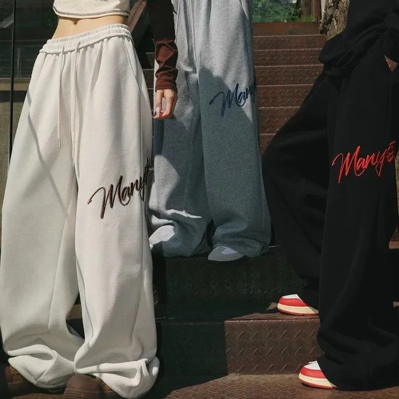 Girlary New American Gray Hip Hop Jazz Pants Men Women Fashion Letters Embroidery Loose Wide Leg Leisure Sports Drawstring Sweatpants