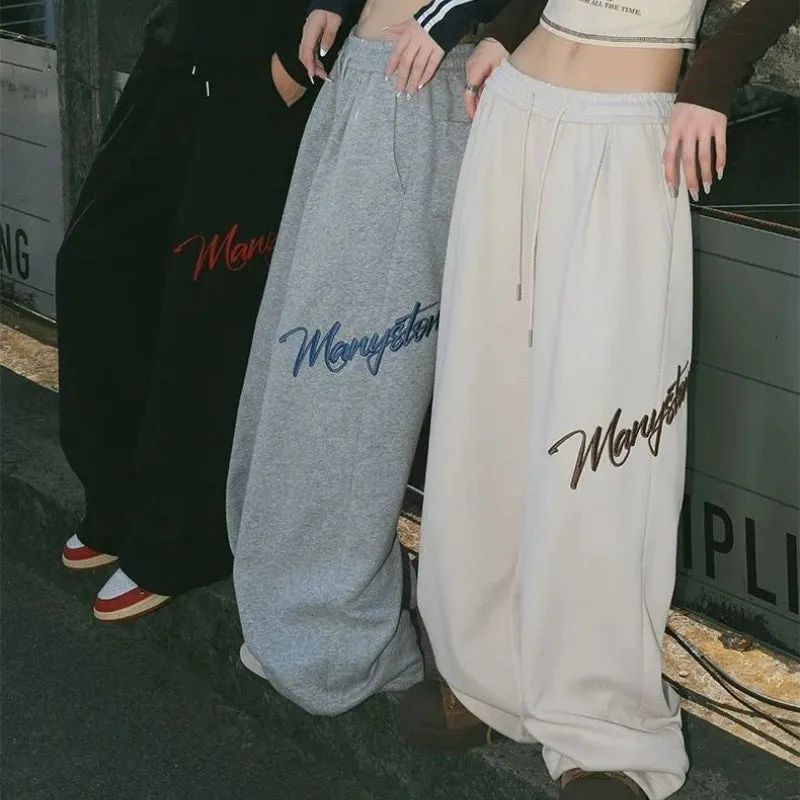 Girlary New American Gray Hip Hop Jazz Pants Men Women Fashion Letters Embroidery Loose Wide Leg Leisure Sports Drawstring Sweatpants