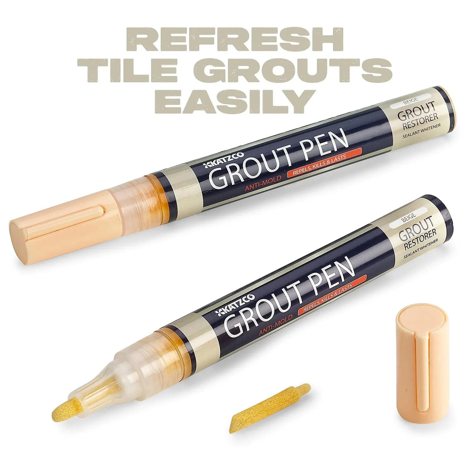 Katzco Grout Pen 2 Pack - Beige - 5mm Narrow Tip - Covers 200 Feet - Professional Long