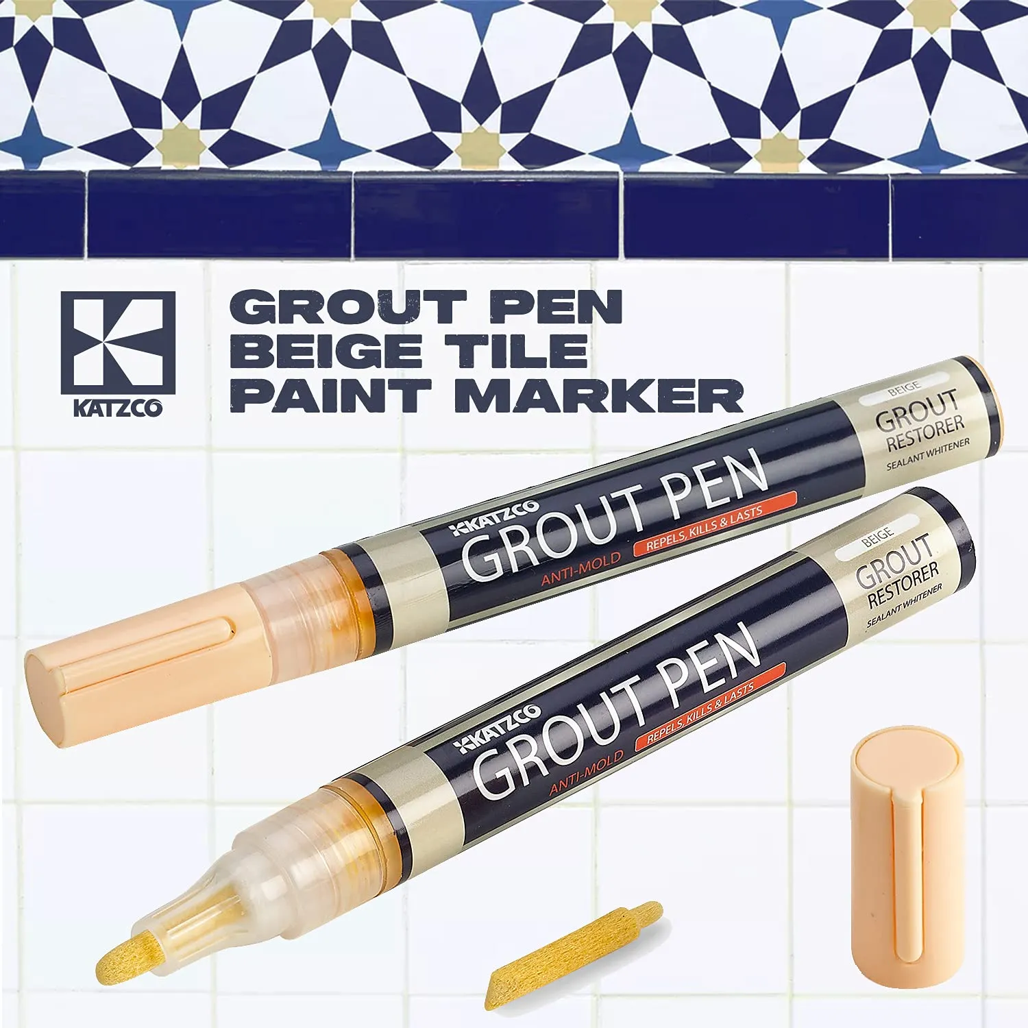 Katzco Grout Pen 2 Pack - Beige - 5mm Narrow Tip - Covers 200 Feet - Professional Long