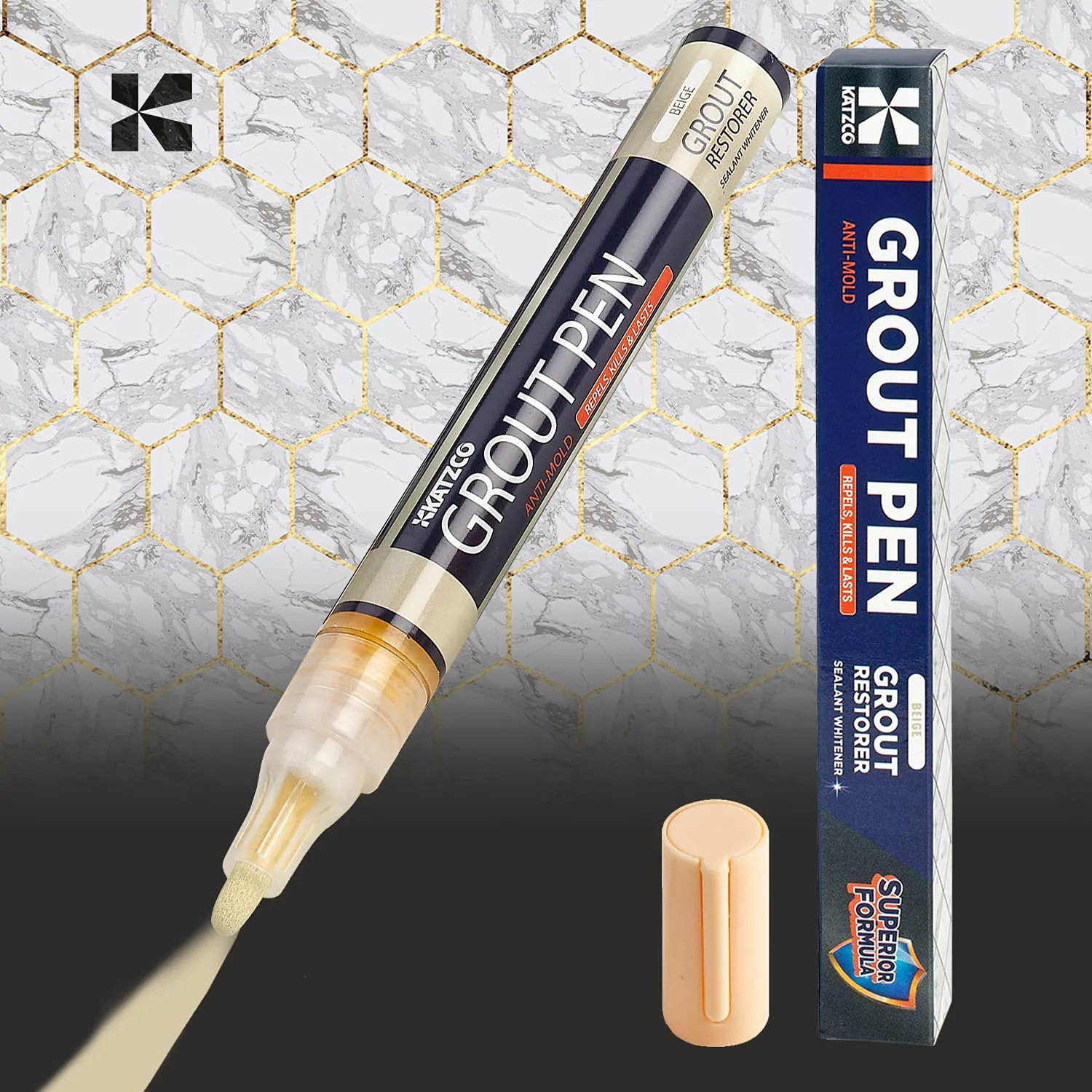 Katzco Grout Pen 2 Pack - Beige - 5mm Narrow Tip - Covers 200 Feet - Professional Long