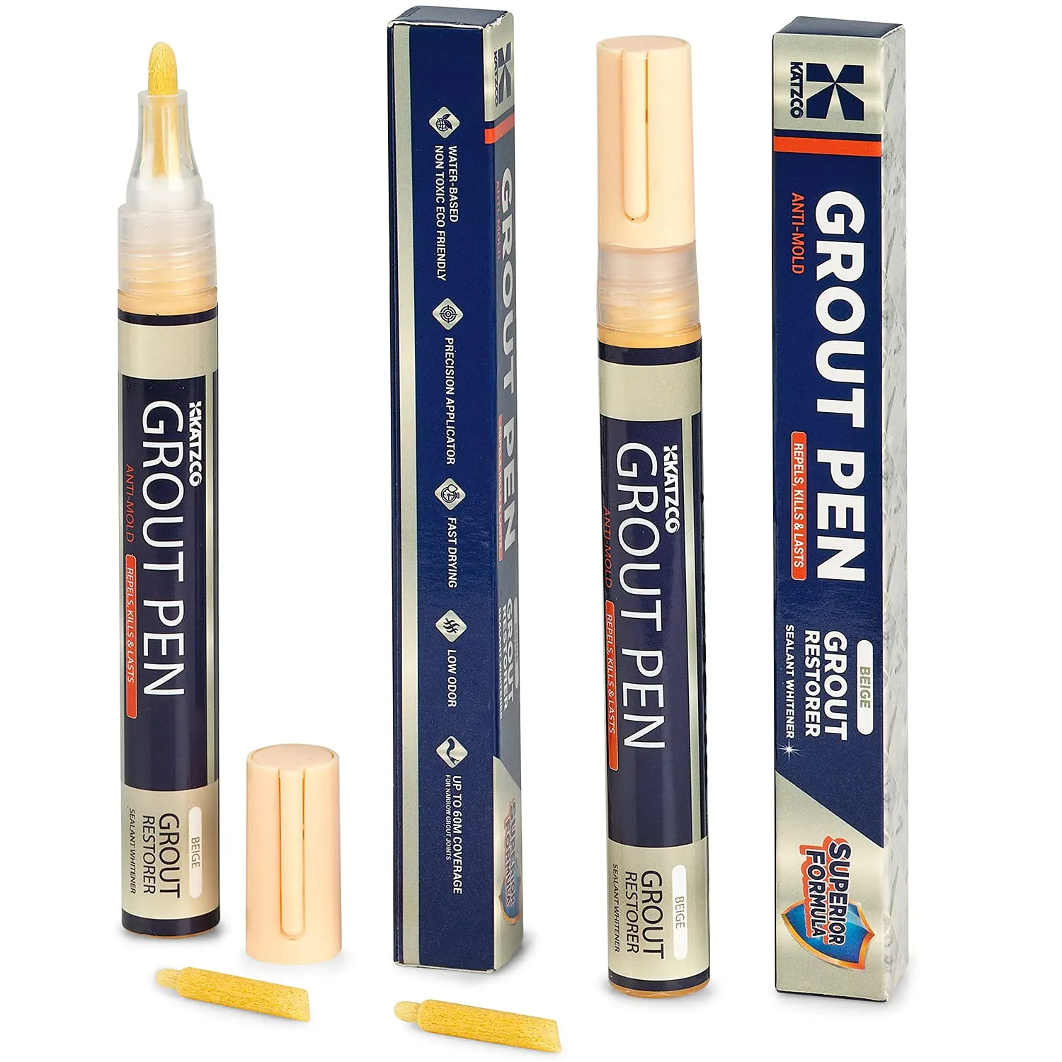 Katzco Grout Pen 2 Pack - Beige - 5mm Narrow Tip - Covers 200 Feet - Professional Long