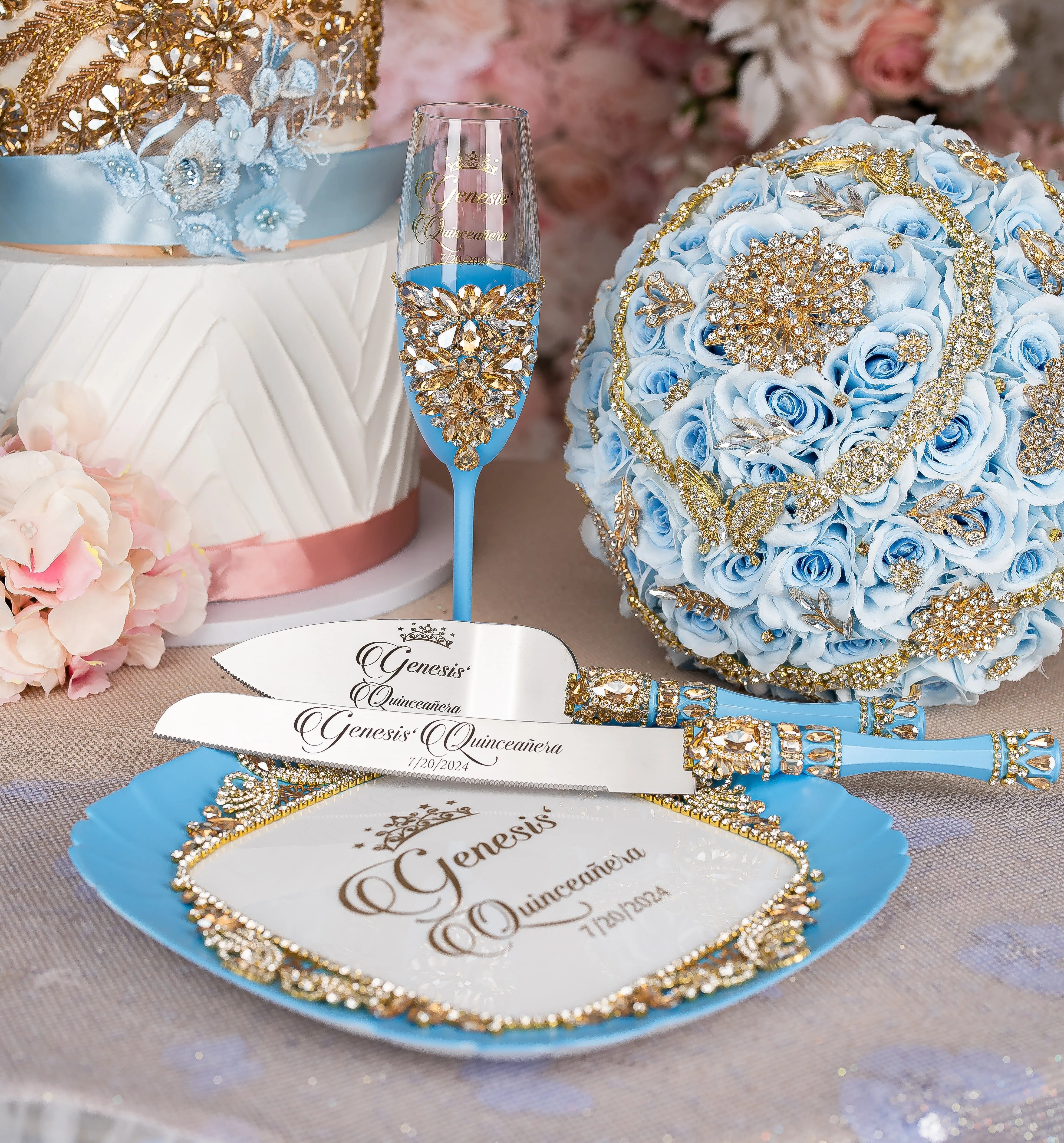 Light Blue Gold quinceanera cake knife set with 1 glass