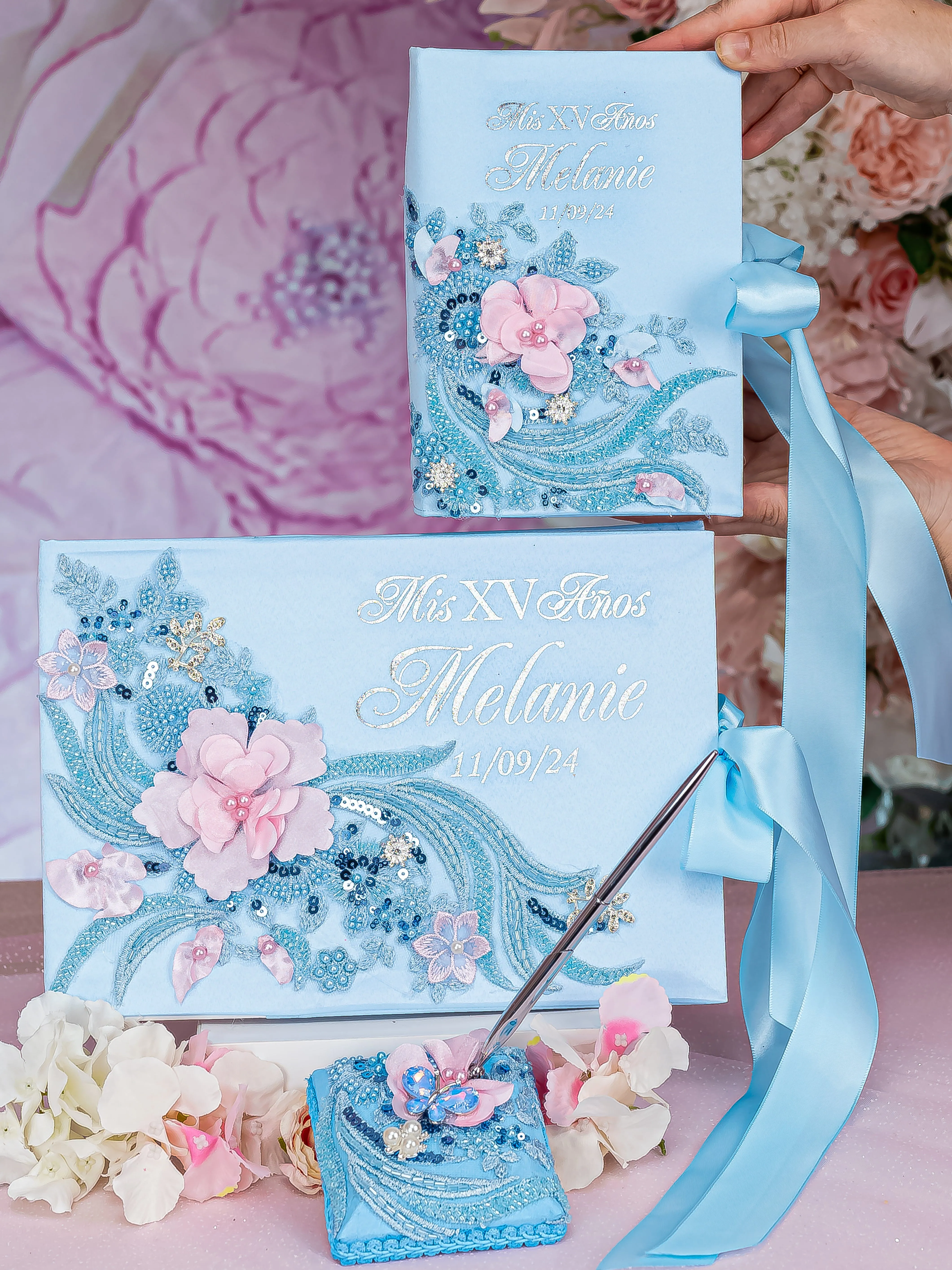 Light blue with Pink quinceanera guest book