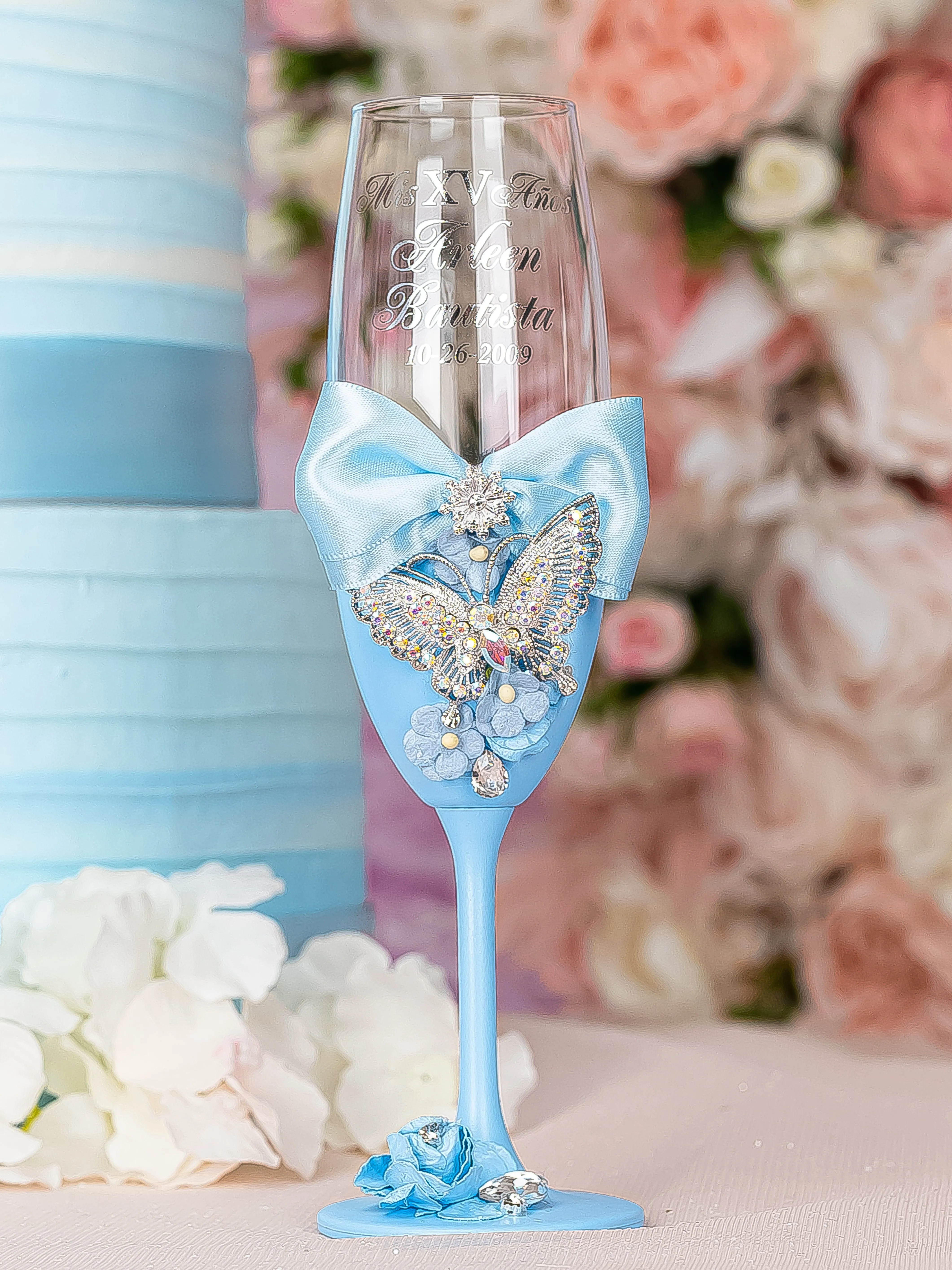 Lihgt blue with butterflies Quinceanera Bottle with 1 Glass