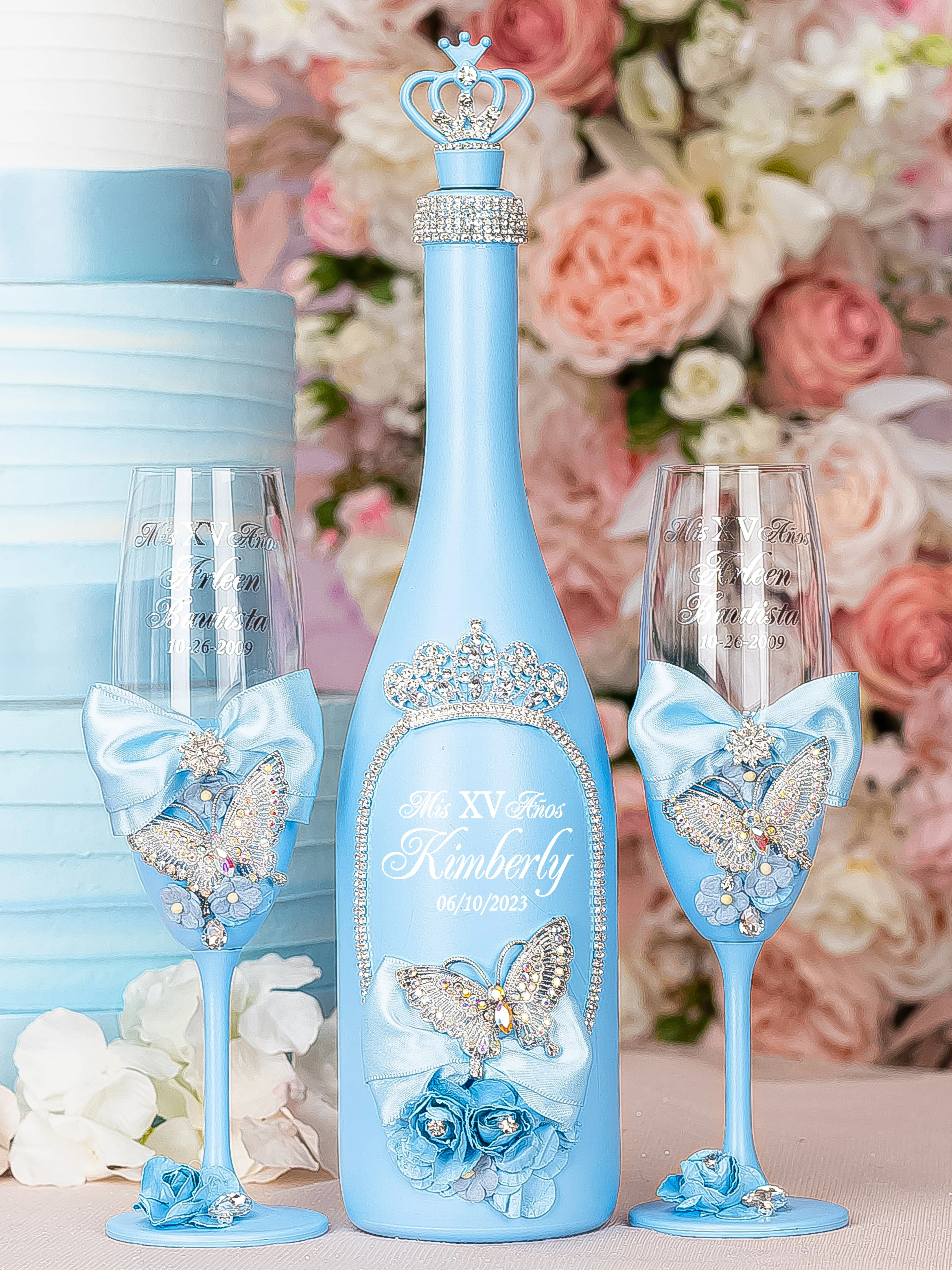 Lihgt blue with butterflies Quinceanera Bottle with 1 Glass