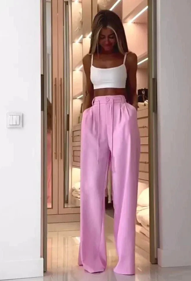 Loose Pink Long Pant and white Crop Top