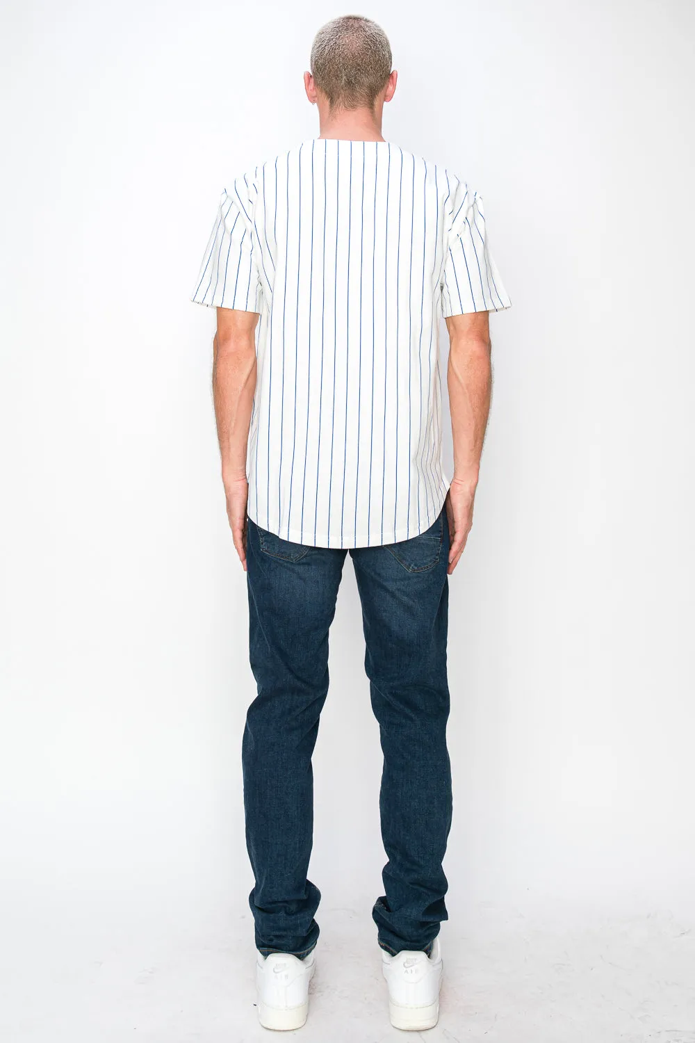 Men's Cotton White Baseball Jersey with Pinstripes