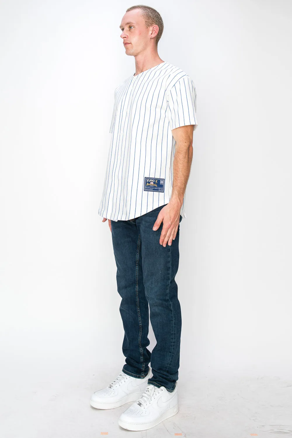 Men's Cotton White Baseball Jersey with Pinstripes