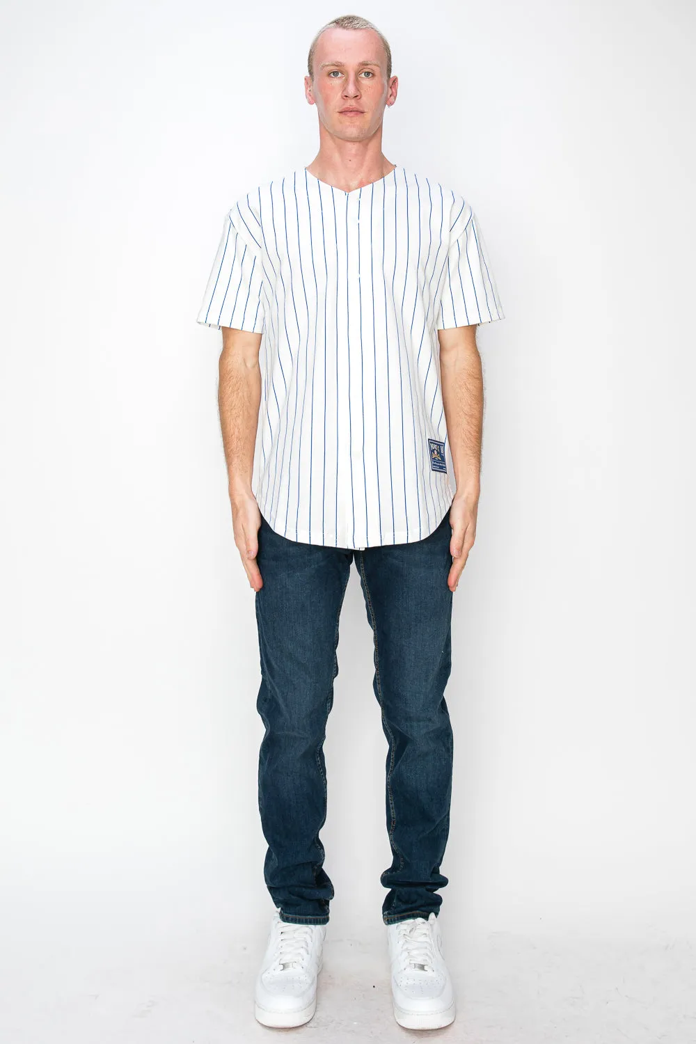 Men's Cotton White Baseball Jersey with Pinstripes