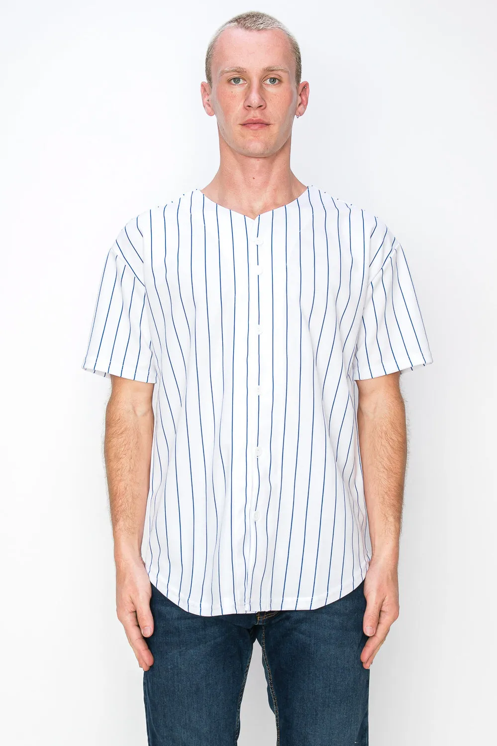 Men's White Baseball Jersey with Pinstripes