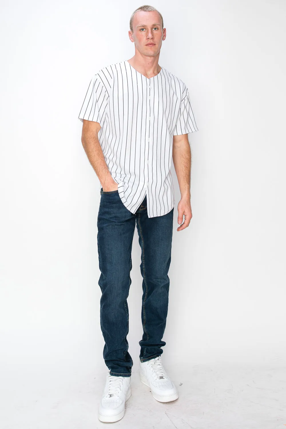 Men's White Baseball Jersey with Pinstripes