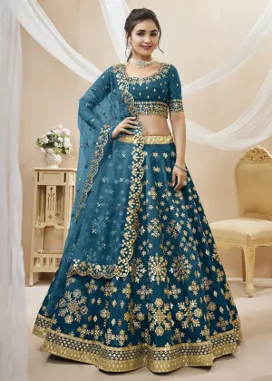 Prussian Blue Art Silk Embroidered Reception Wear Lehenga Choli