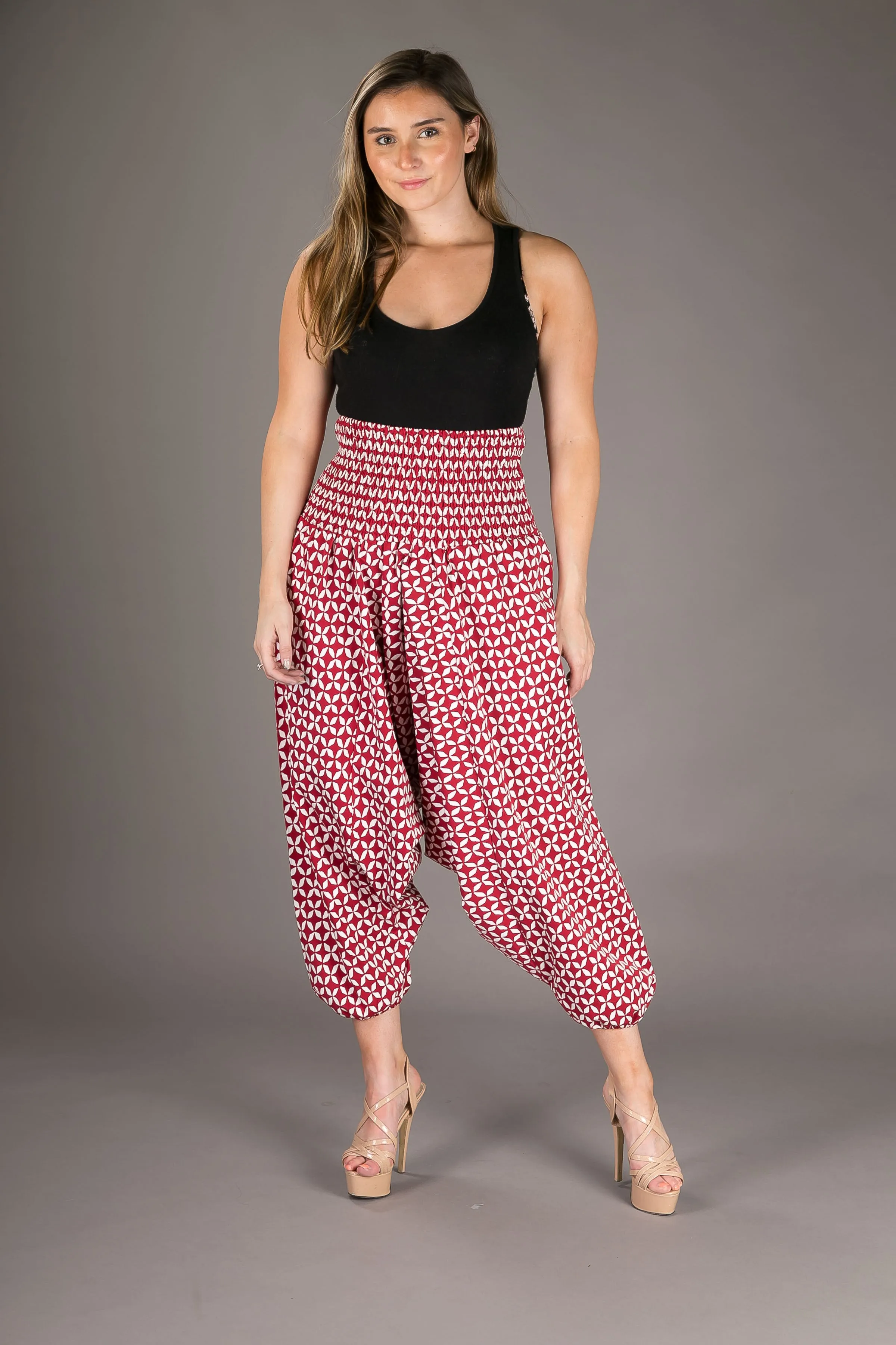 Red Denim Cotton Harem Yoga Jumpsuit Pants