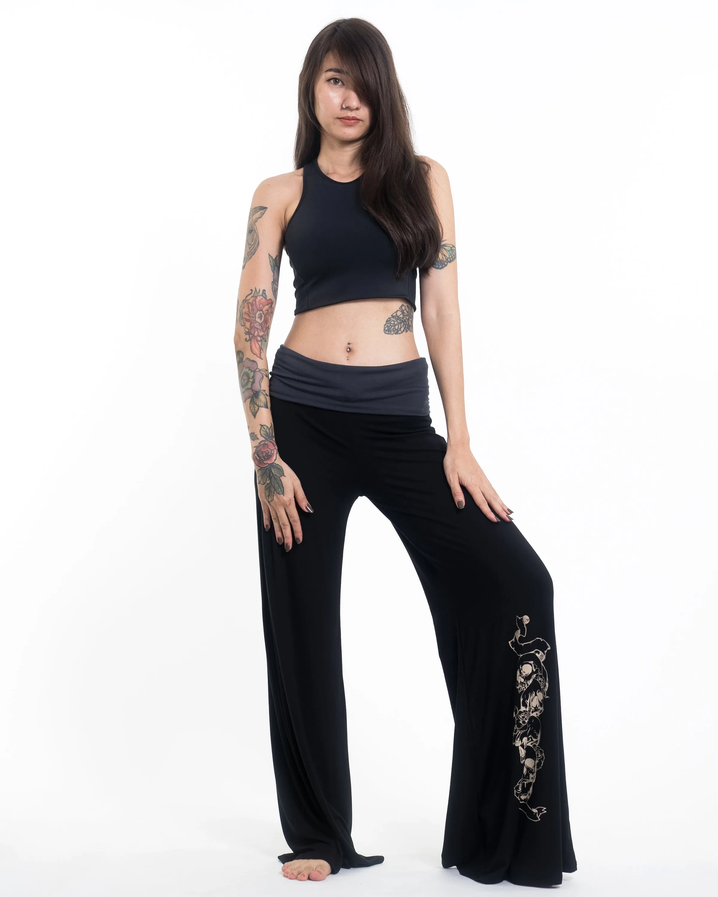 Skulls Spandex Wide Leg Palazzo Pants in Black