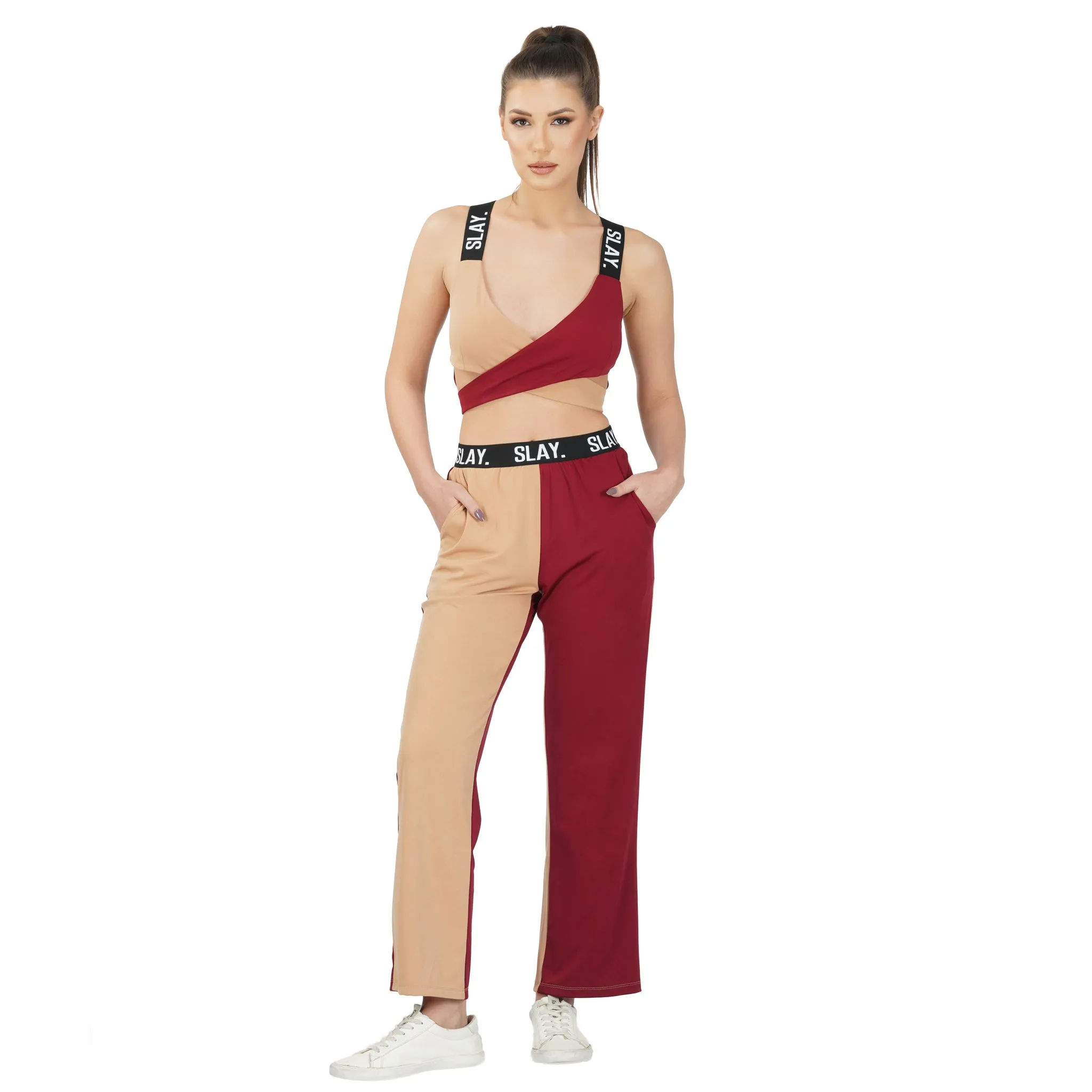 SLAY. Sport Women's Beige & Red Colorblock Bikini Crop Top & Pants Co-ord Set