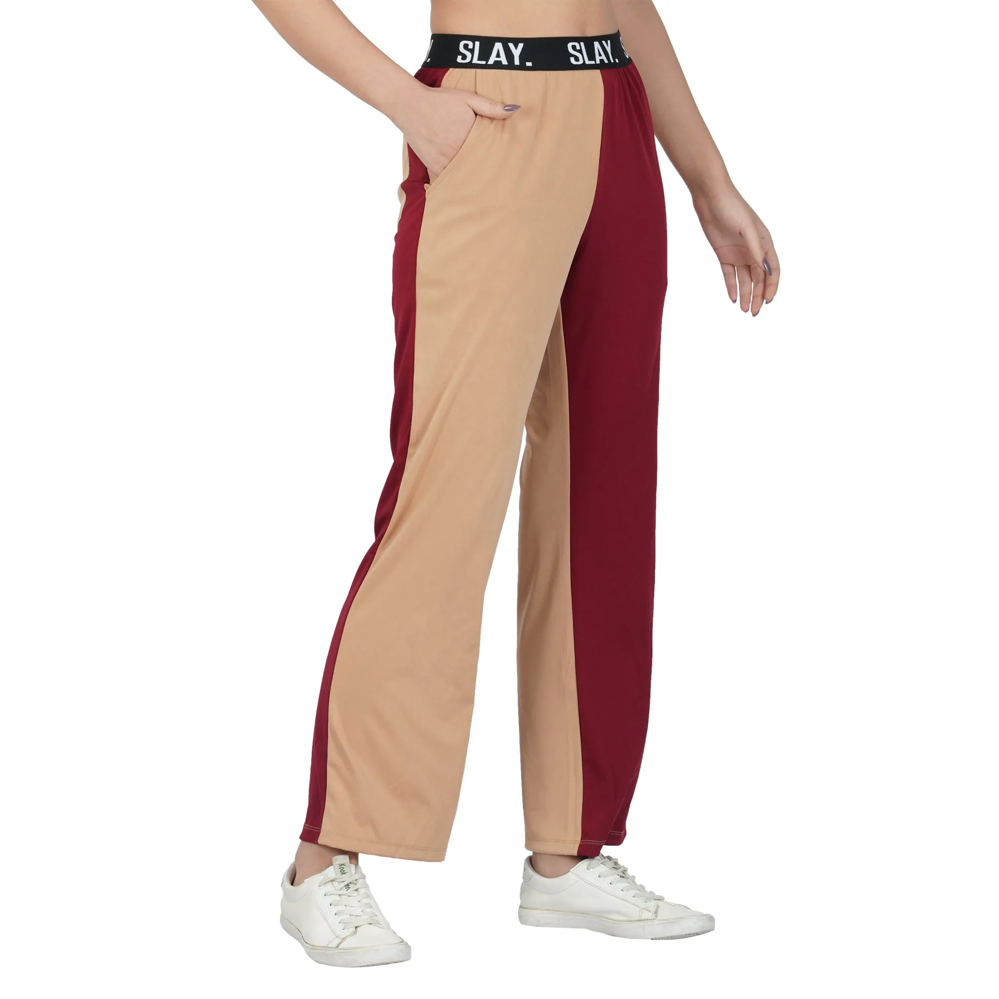 SLAY. Sport Women's Beige & Red Colorblock Bikini Crop Top & Pants Co-ord Set