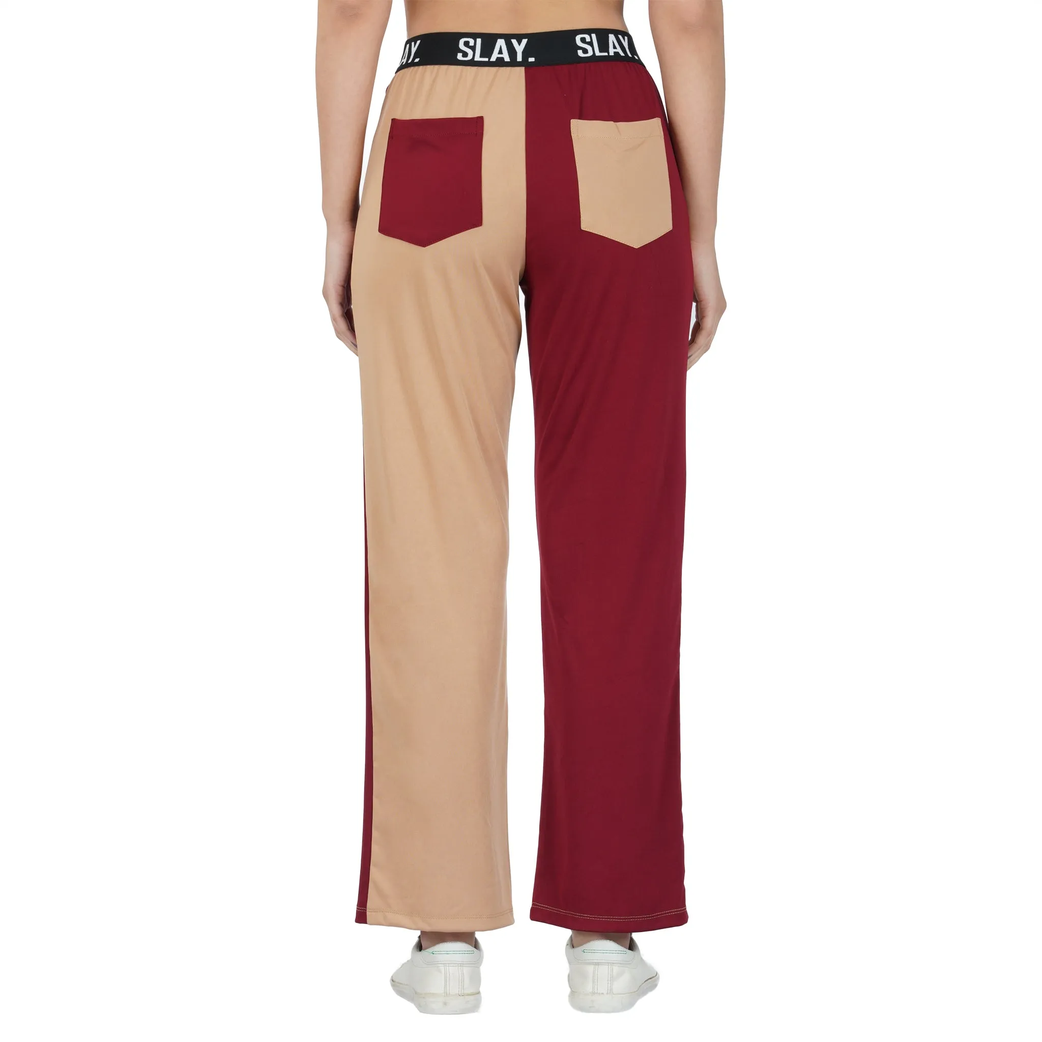 SLAY. Sport Women's Beige & Red Colorblock Bikini Crop Top & Pants Co-ord Set