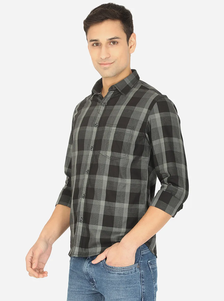 Steel Green & Black Checked Slim Fit Semi Casual Shirt | Greenfibre