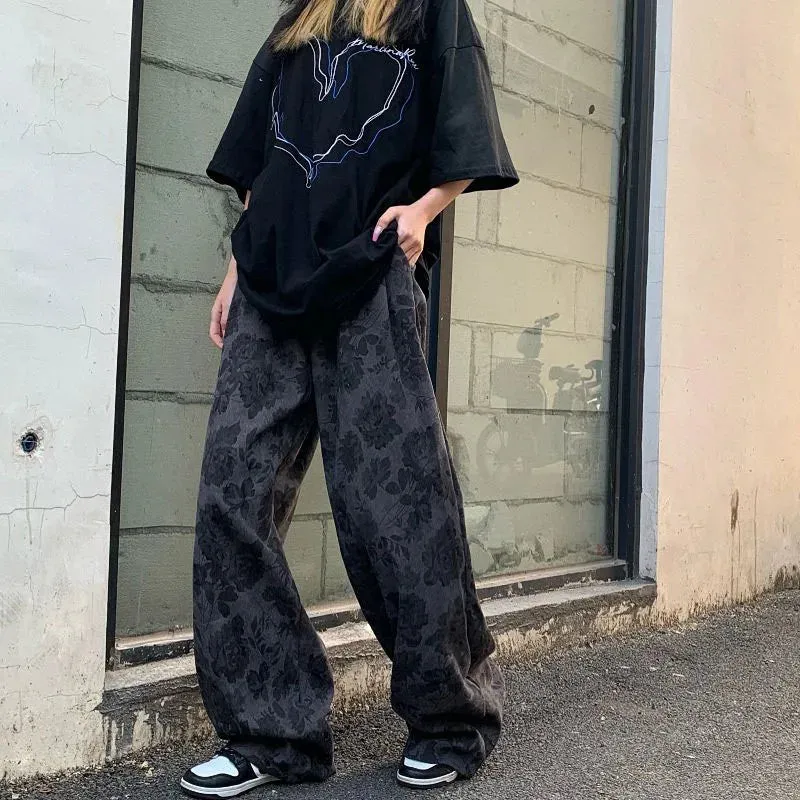 Summer Thin Retro Corduroy Pants Women Harajuku Printed Baggy Wide Leg Trousers Teen High Street Unisex Hip Hop Pants