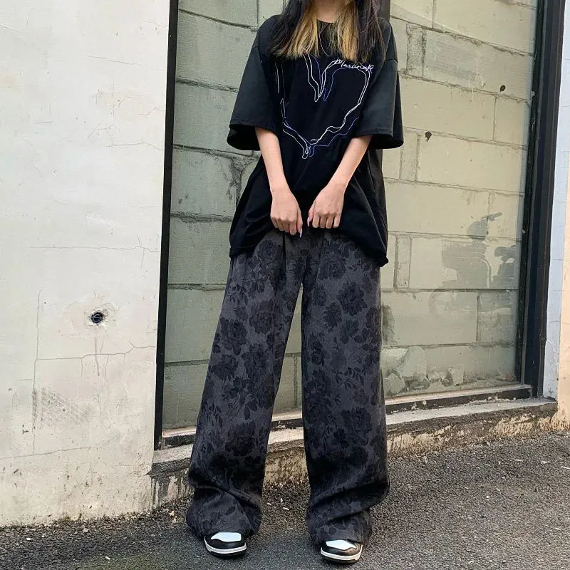 Summer Thin Retro Corduroy Pants Women Harajuku Printed Baggy Wide Leg Trousers Teen High Street Unisex Hip Hop Pants