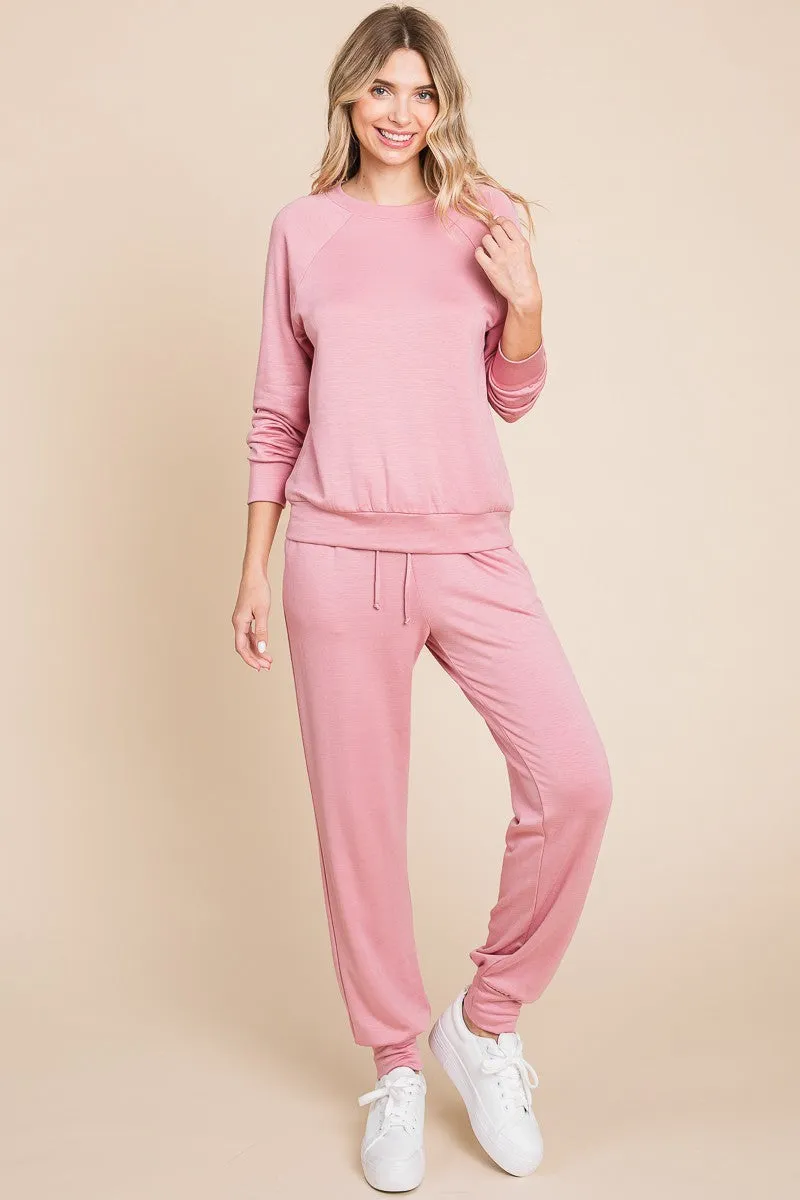 Super Lady Round Neck Raglan Sleeve Top and Drawstring Pants Lounge Set