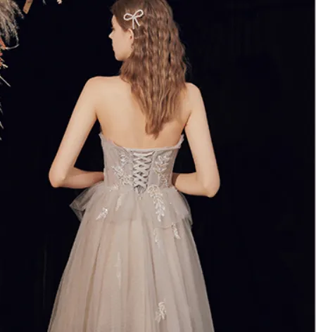 Tulle Flowy Boho Light Gray Prom Dress