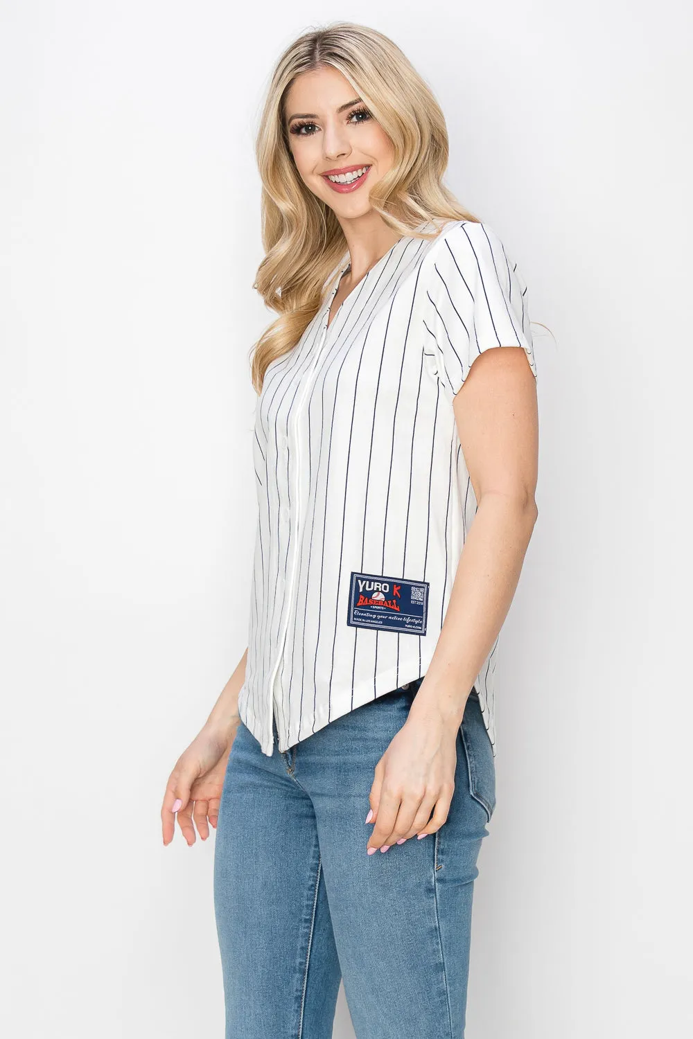 Women's Cotton White Baseball Jersey with Pinstripes