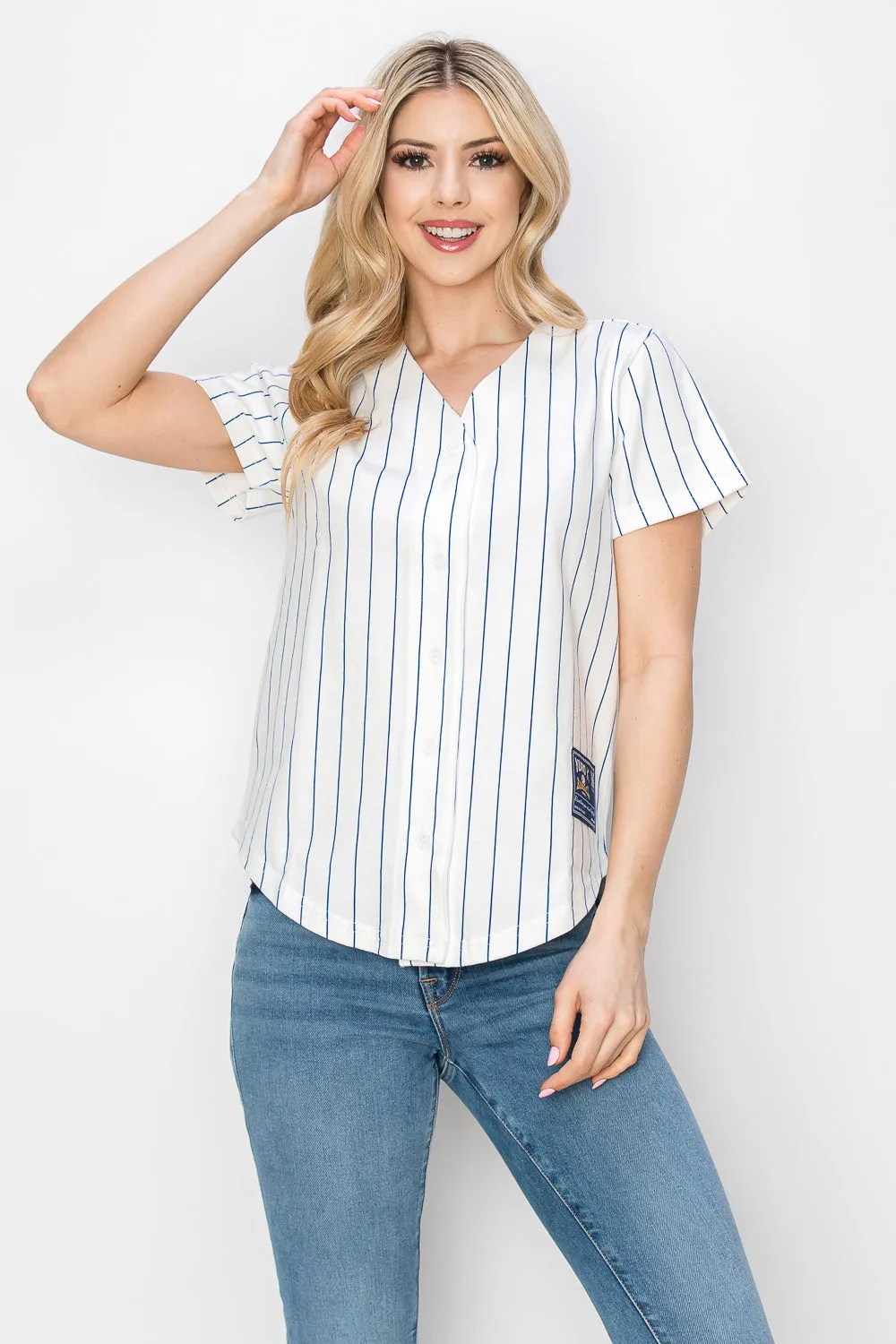 Women's Cotton White Baseball Jersey with Pinstripes