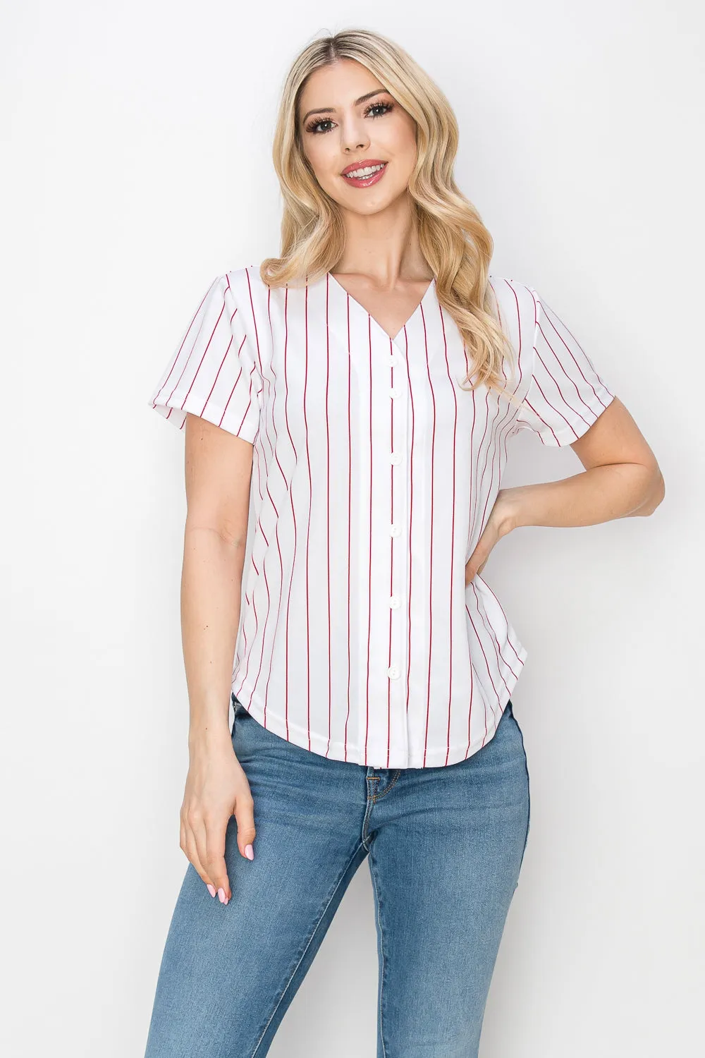 Women's White Baseball Jersey with Pinstripes