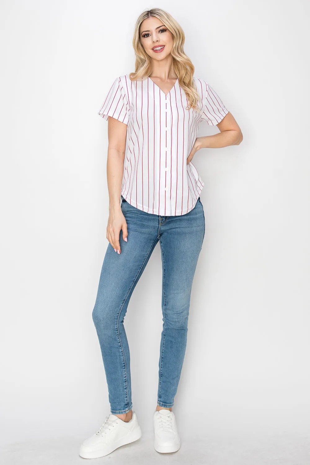 Women's White Baseball Jersey with Pinstripes