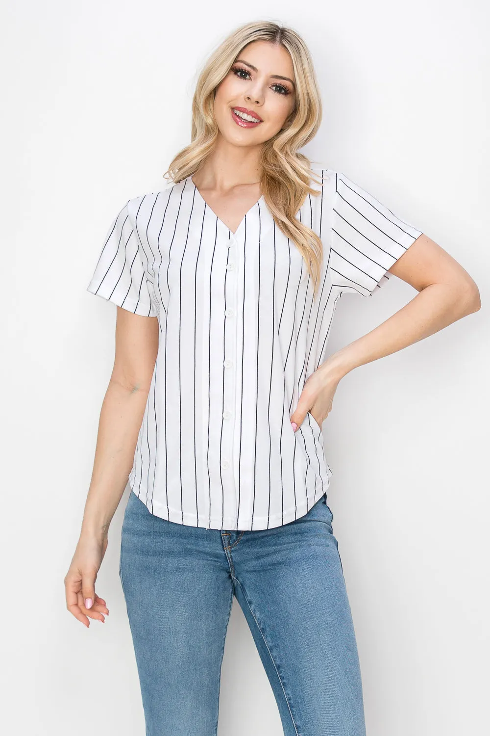 Women's White Baseball Jersey with Pinstripes