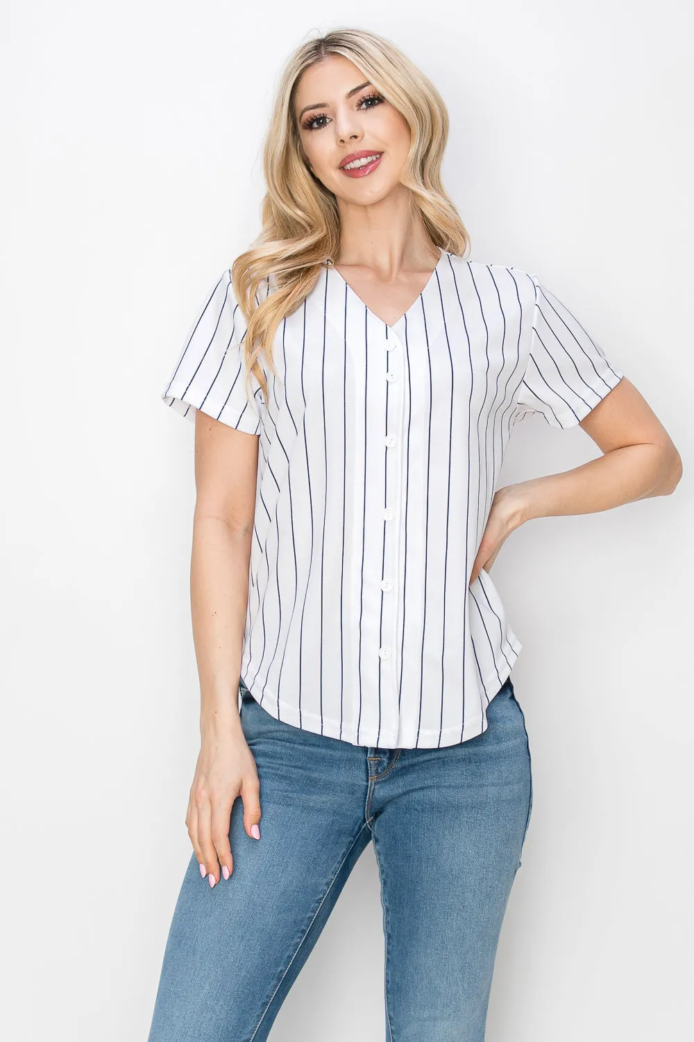 Women's White Baseball Jersey with Pinstripes