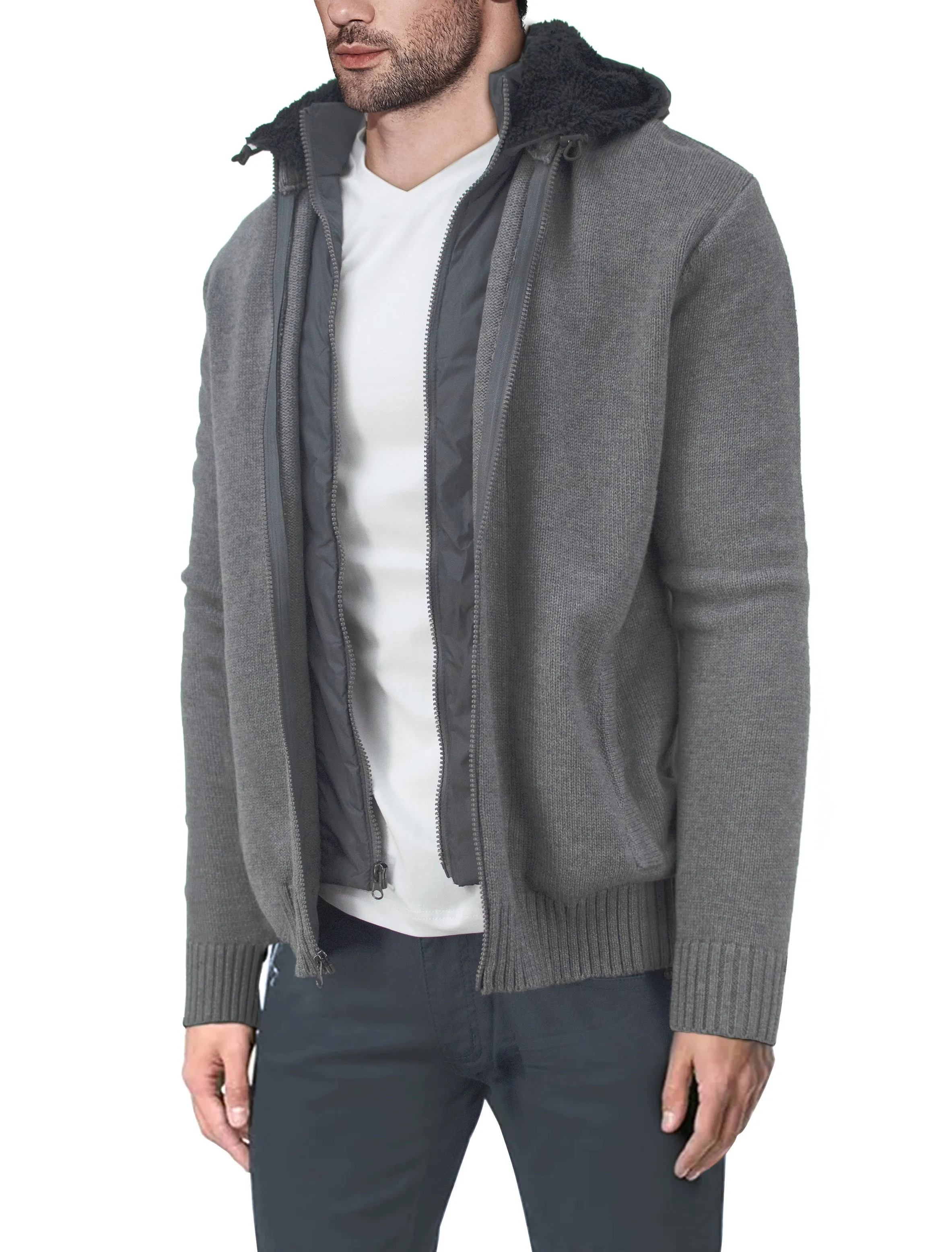 X RAY Men's Knitted Full Zip Cardigan Sweater Jacket With Fluffy Fleece Lined Hood