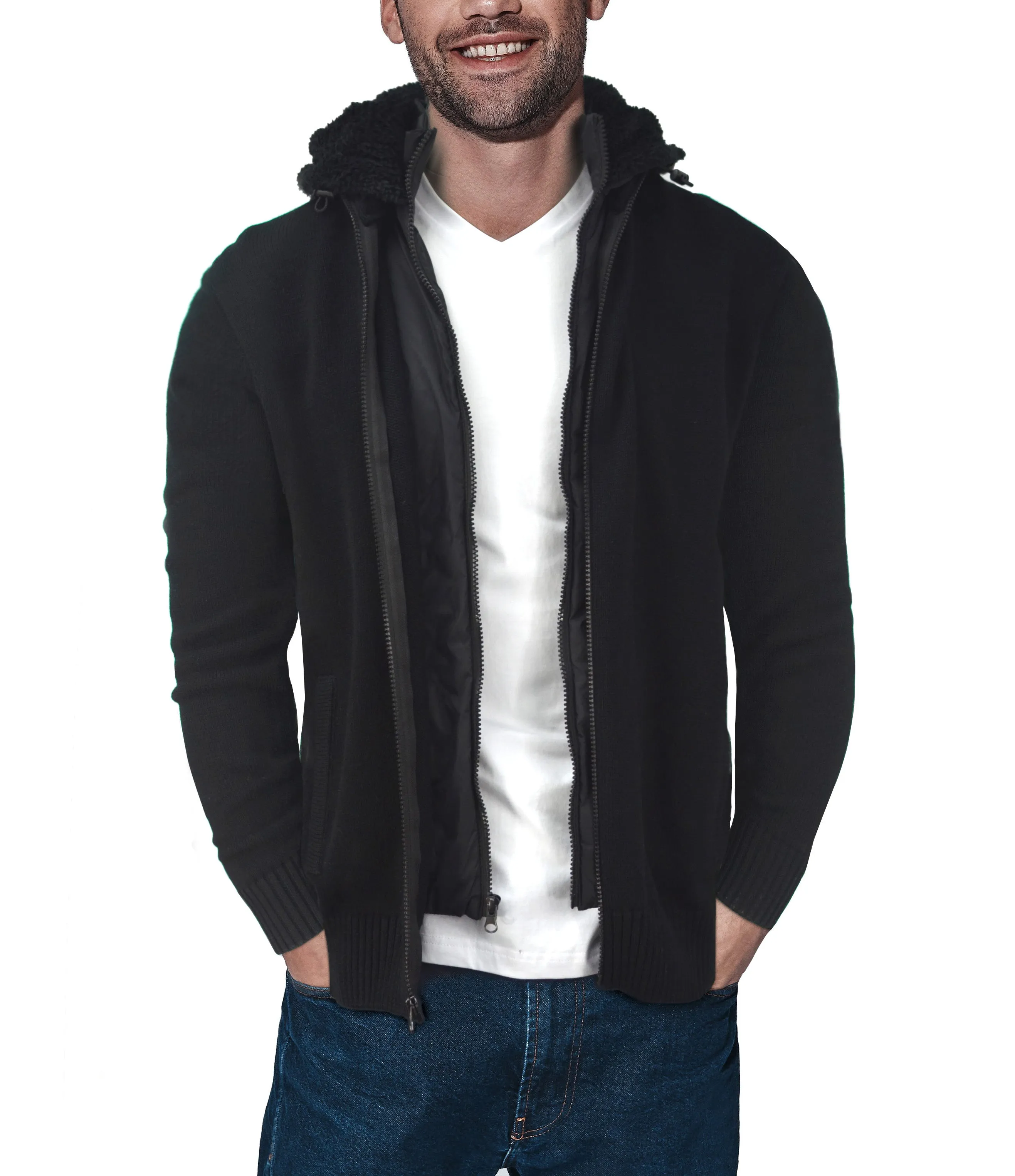 X RAY Men's Knitted Full Zip Cardigan Sweater Jacket With Fluffy Fleece Lined Hood